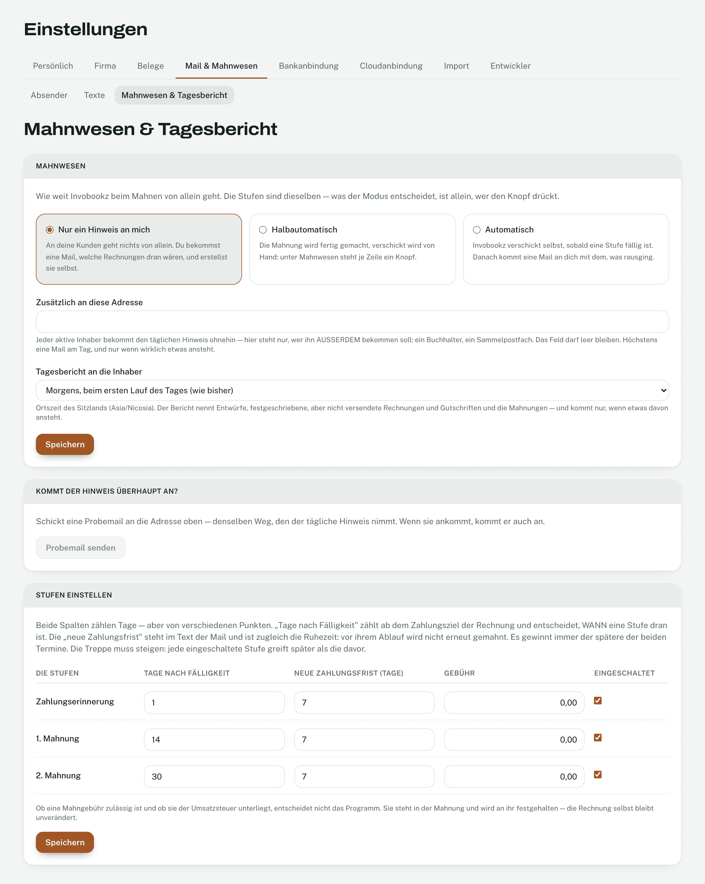Modus, Stufen und Tagesbericht