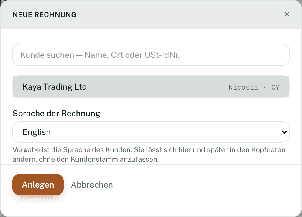 Kunde wählen und anlegen