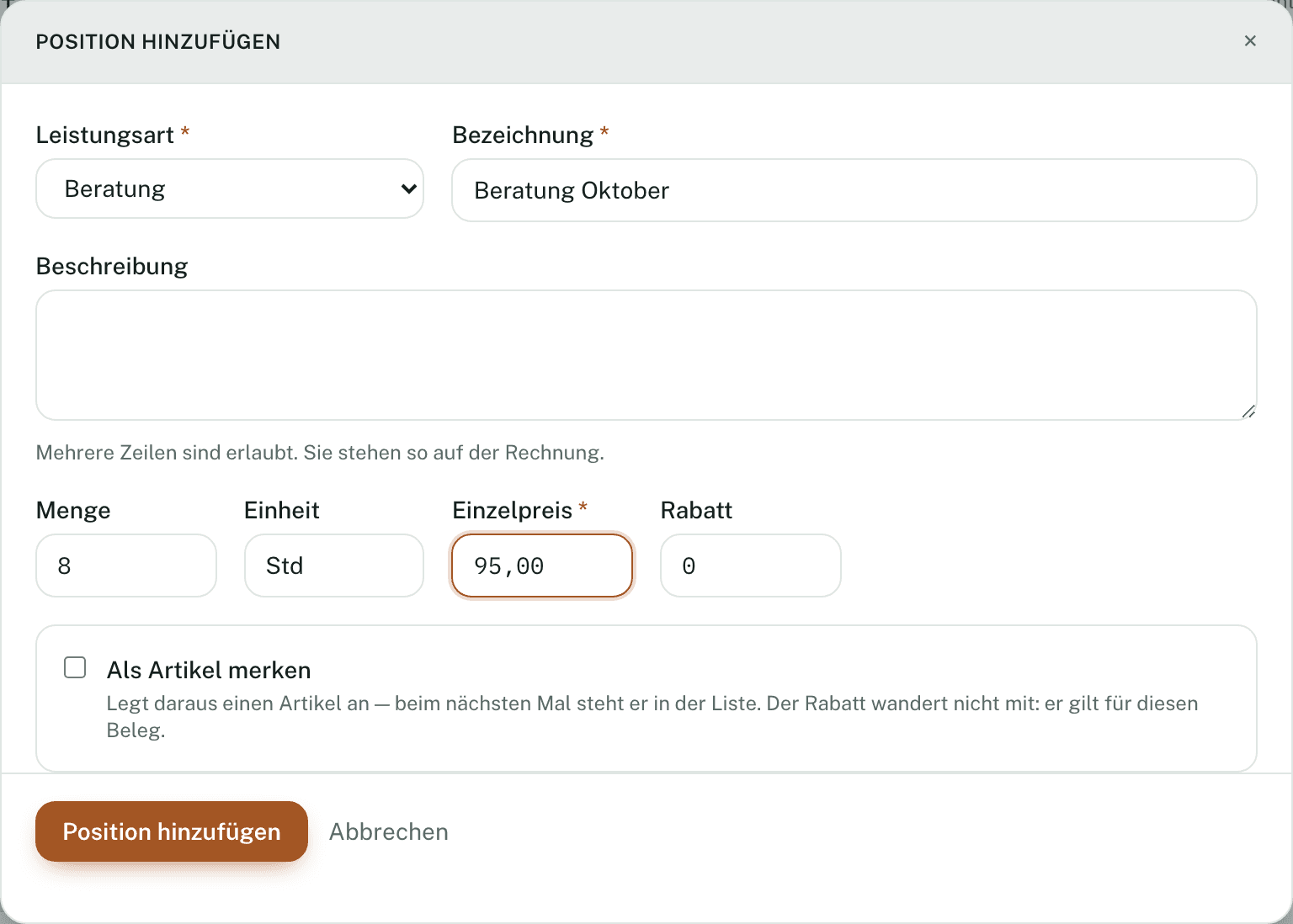 Eine Position: acht Stunden Beratung